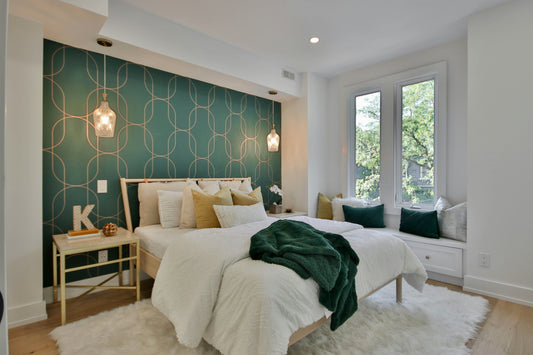 Bedroom with elegant lighting design and natural light