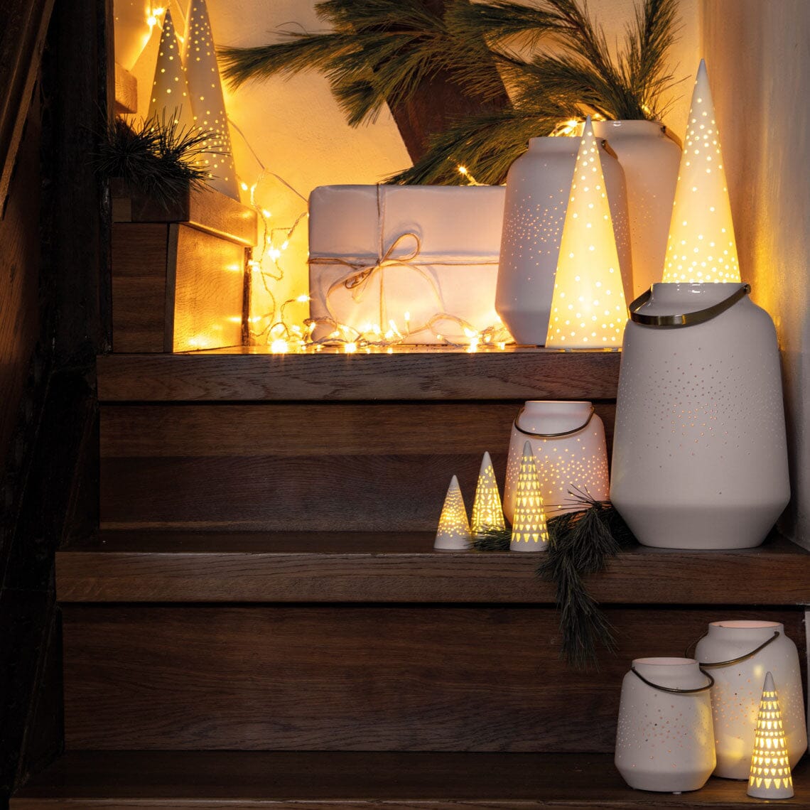 Rader Porcelain Village Mini Fir Tree Set of 3 with LED Lights