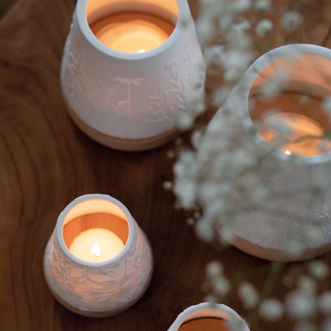 Rader Porcelain Poetry Lantern Set With Beechwood Base
