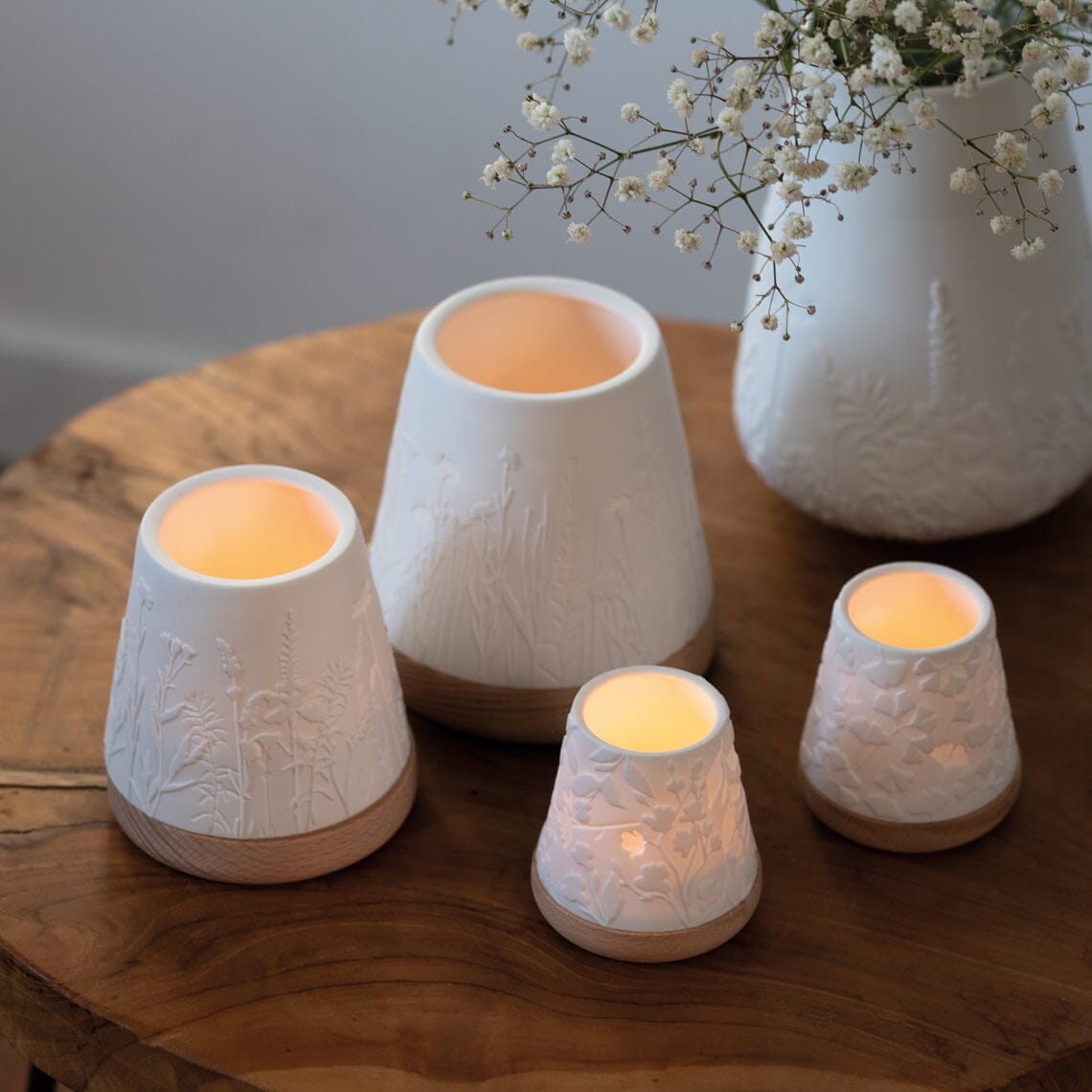 Rader Porcelain Poetry Lantern Set With Beechwood Base