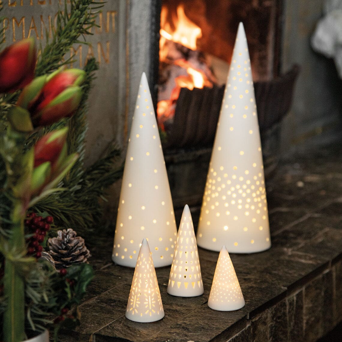 Rader Porcelain Village Mini Fir Tree Set of 3 with LED Lights