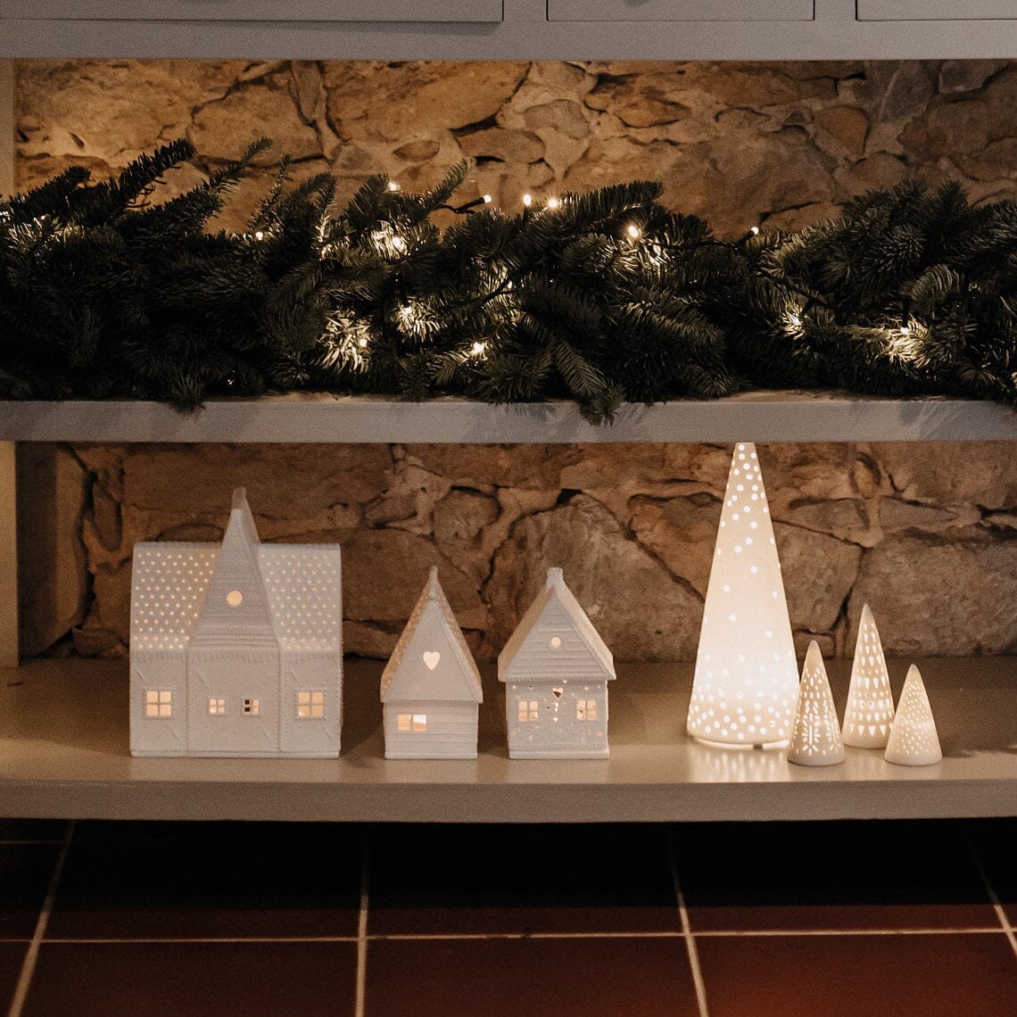 Rader Porcelain Village Mini Fir Tree Set of 3 with LED Lights
