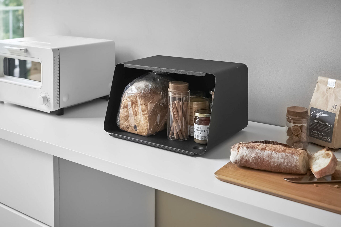 Yamazaki Steel Bread Box With Wooden Cutting Board Lid
