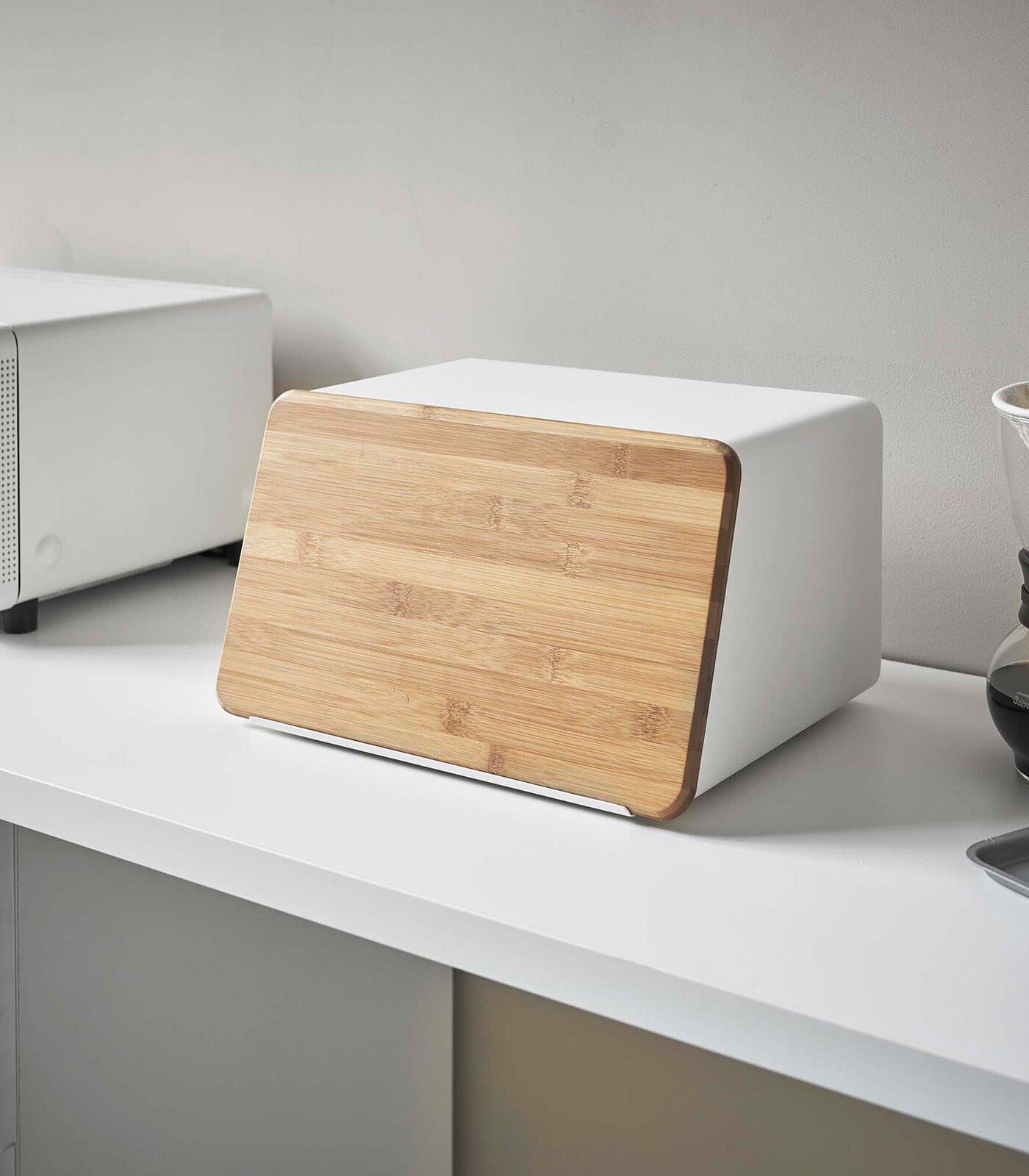 Yamazaki Steel Bread Box With Wooden Cutting Board Lid