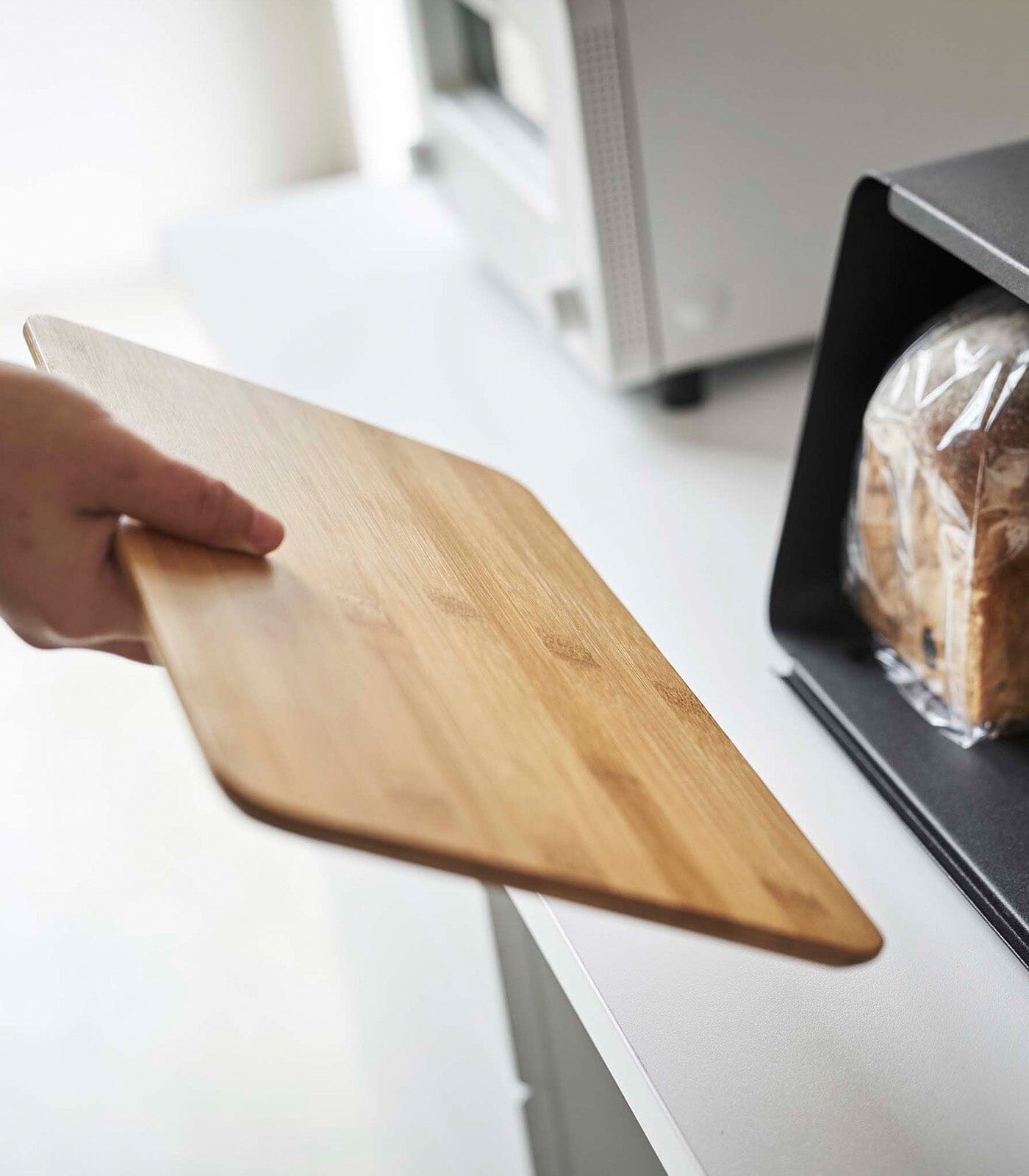 Yamazaki Steel Bread Box With Wooden Cutting Board Lid