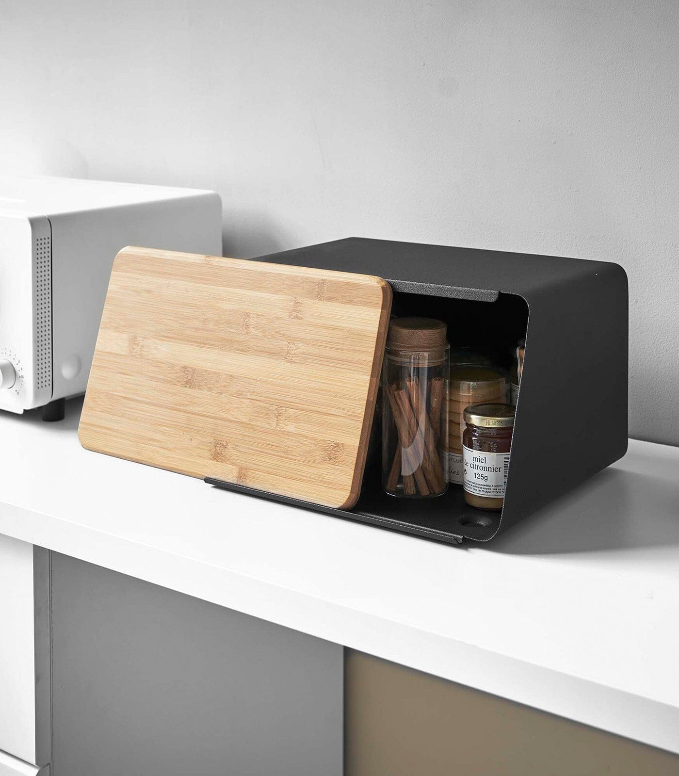 Yamazaki Steel Bread Box With Wooden Cutting Board Lid