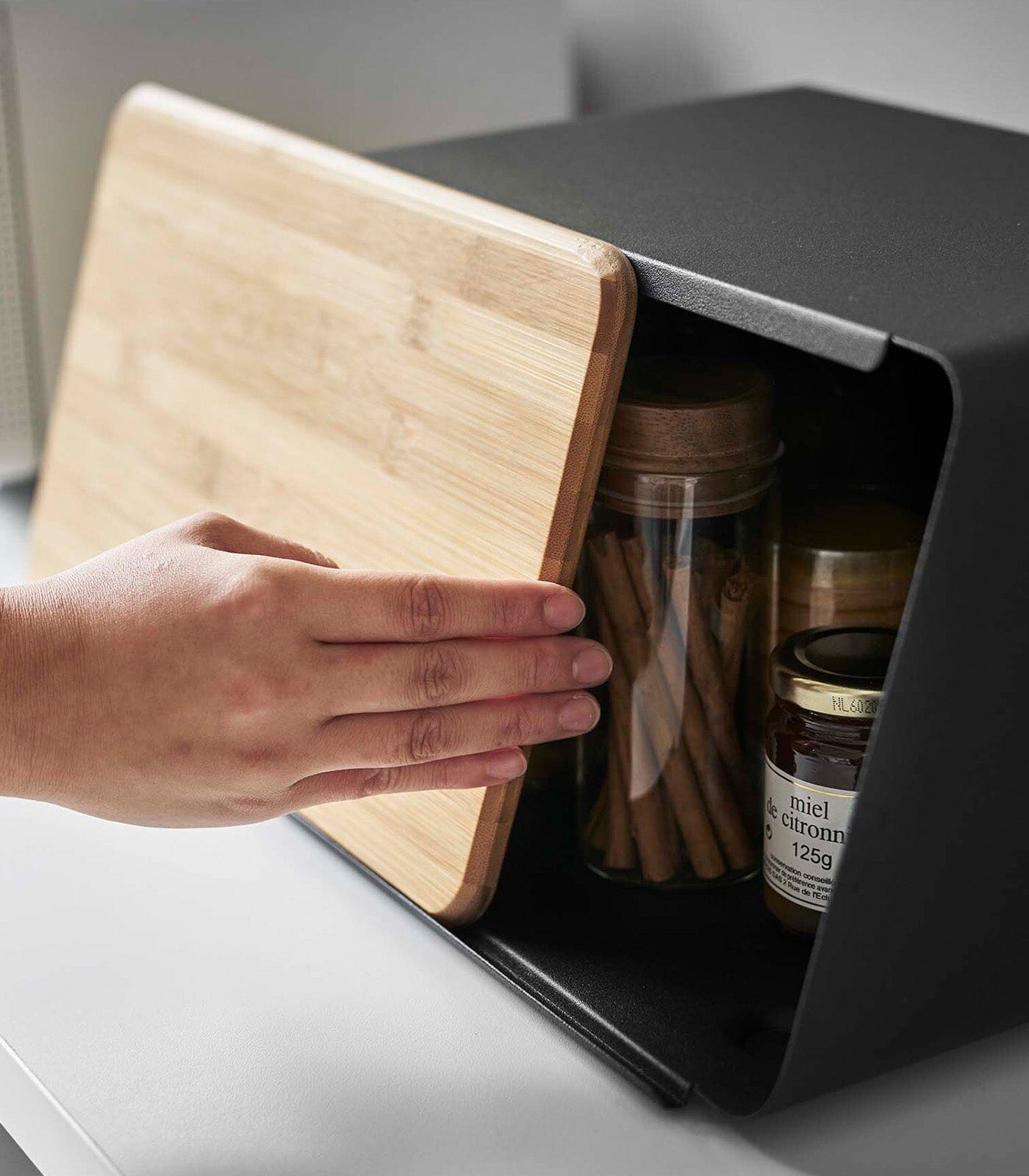 Yamazaki Steel Bread Box With Wooden Cutting Board Lid