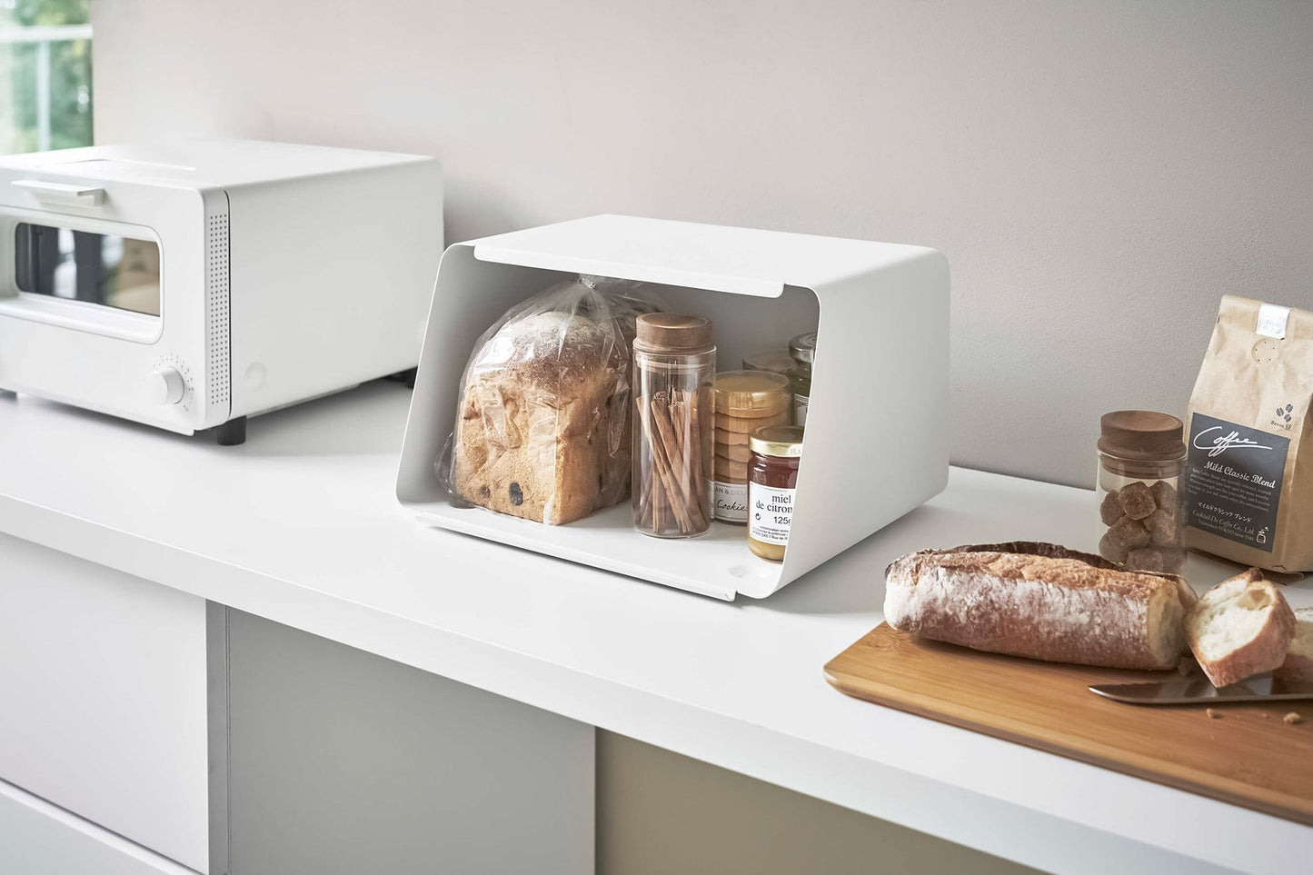 Yamazaki Steel Bread Box With Wooden Cutting Board Lid