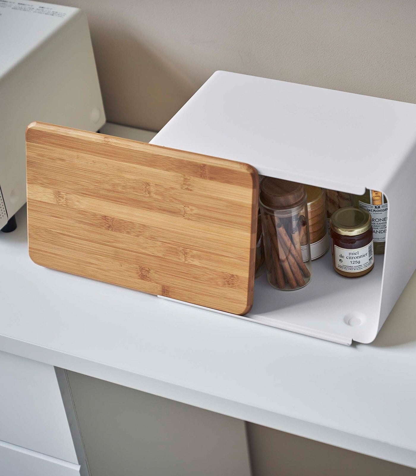 Yamazaki Steel Bread Box With Wooden Cutting Board Lid