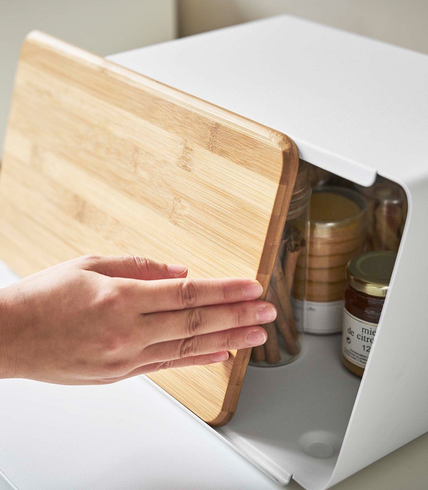 Yamazaki Steel Bread Box With Wooden Cutting Board Lid