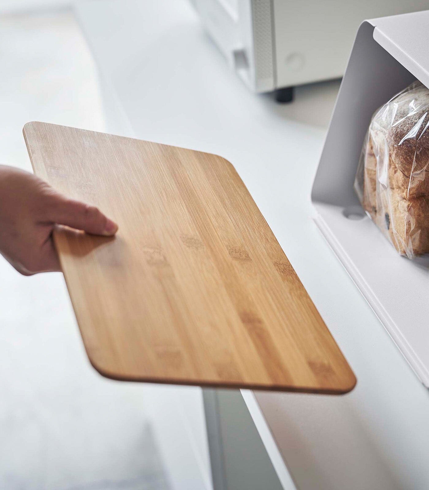 Yamazaki Steel Bread Box With Wooden Cutting Board Lid