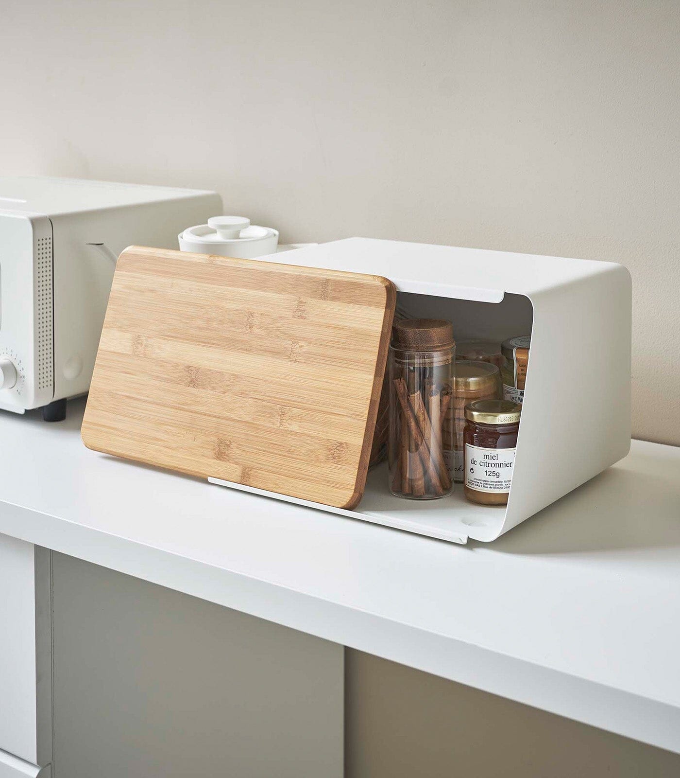 Yamazaki Steel Bread Box With Wooden Cutting Board Lid