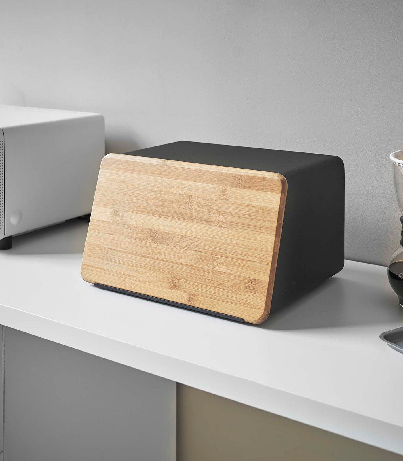 Yamazaki Steel Bread Box With Wooden Cutting Board Lid