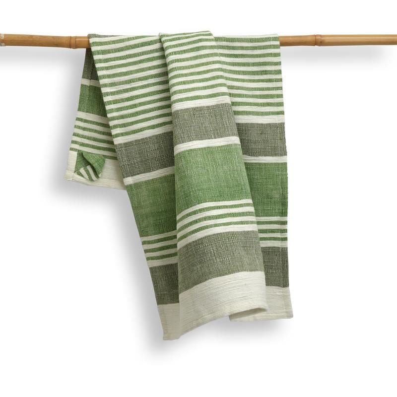 Hanging striped kitchen towel in fern green and grey