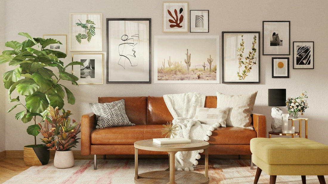 Modern living room with gallery wall and leather sofa