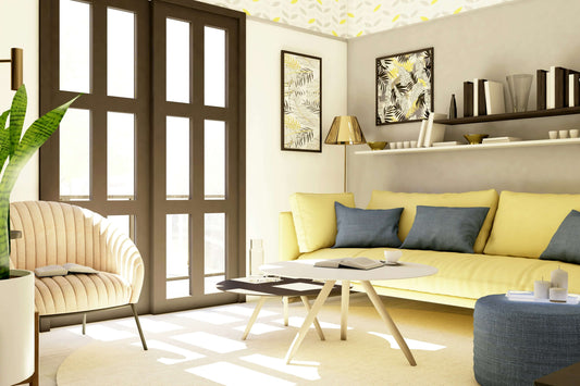 Living room with yellow couch and plant