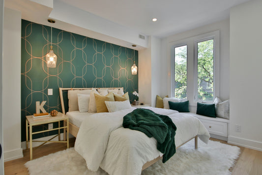 Bedroom with elegant lighting design and natural light