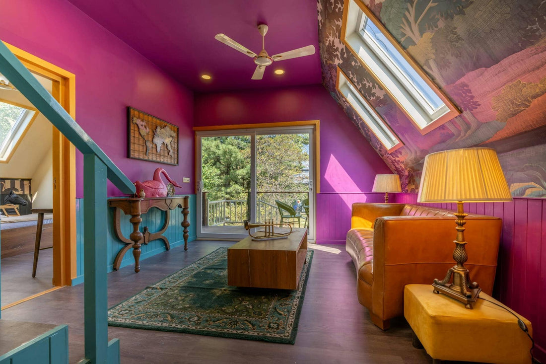 Pink room with yellow and blue decor