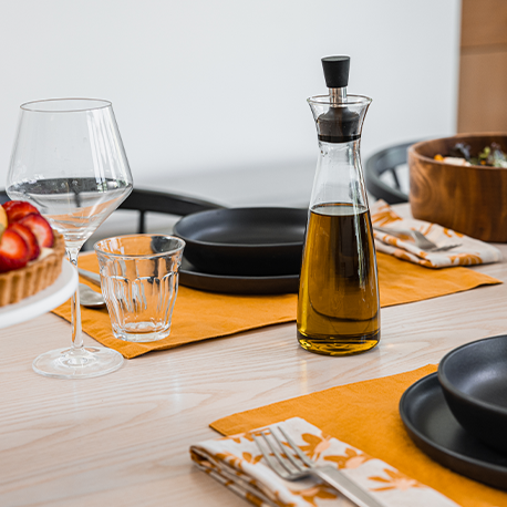 Dining table set with plates and food