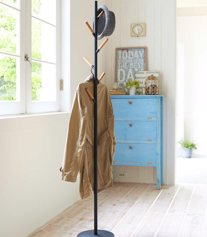 Yamazaki 70" Steel Coat Rack with Wooden Pegs