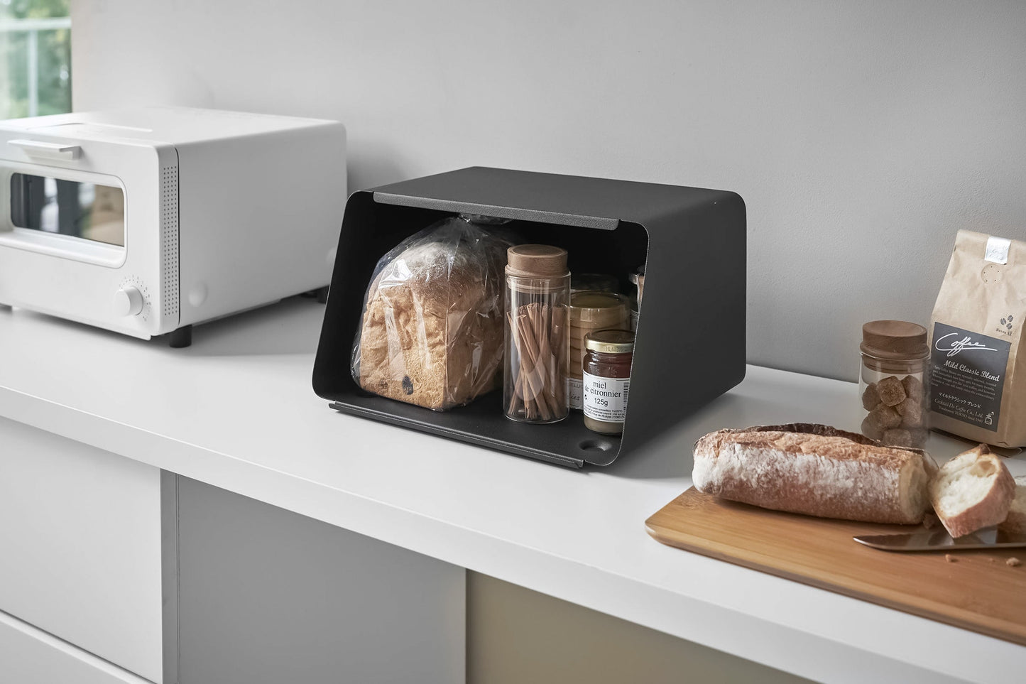 Yamakazi Steel Bread Box With Wooden Cutting Board Lid