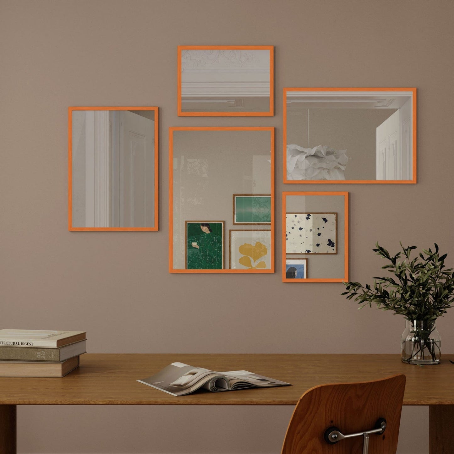 Wall Art Mirror Framed in Orange Wood