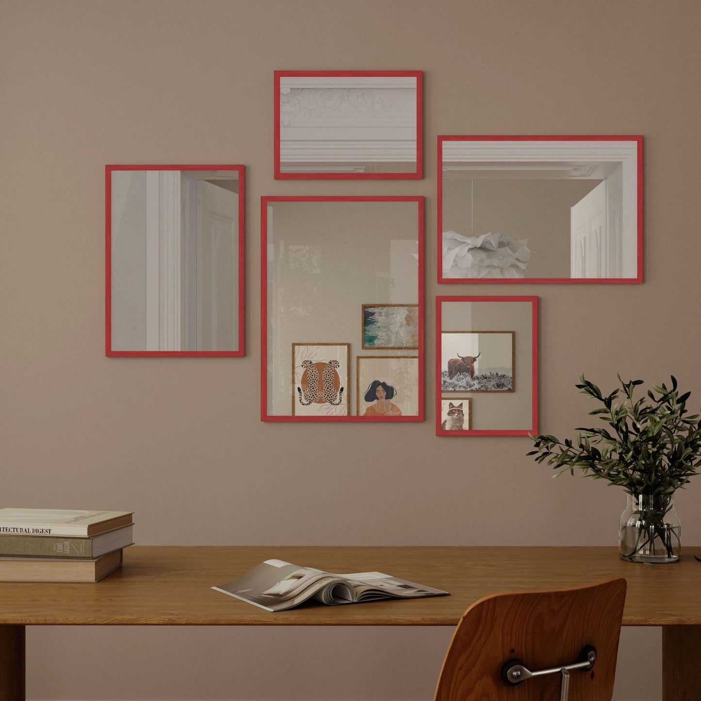 Wall Art Mirror Framed in Red Wood