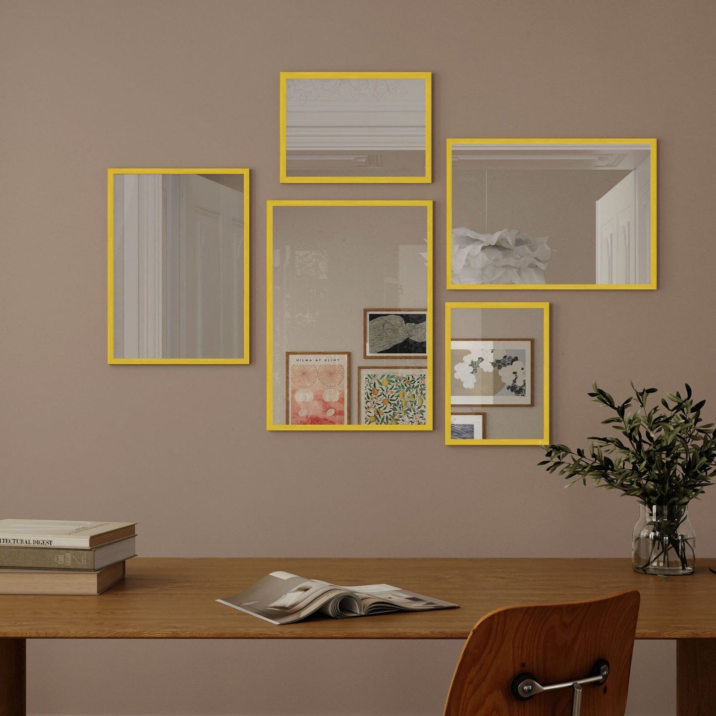 Wall Art Mirror Framed in Yellow Wood