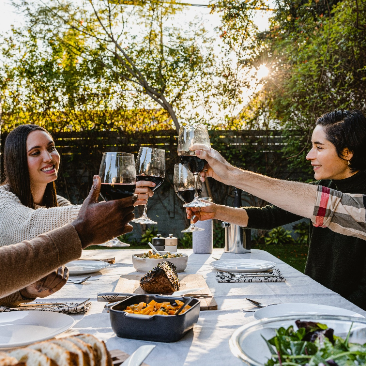 Group of people cheers wine glasses outside